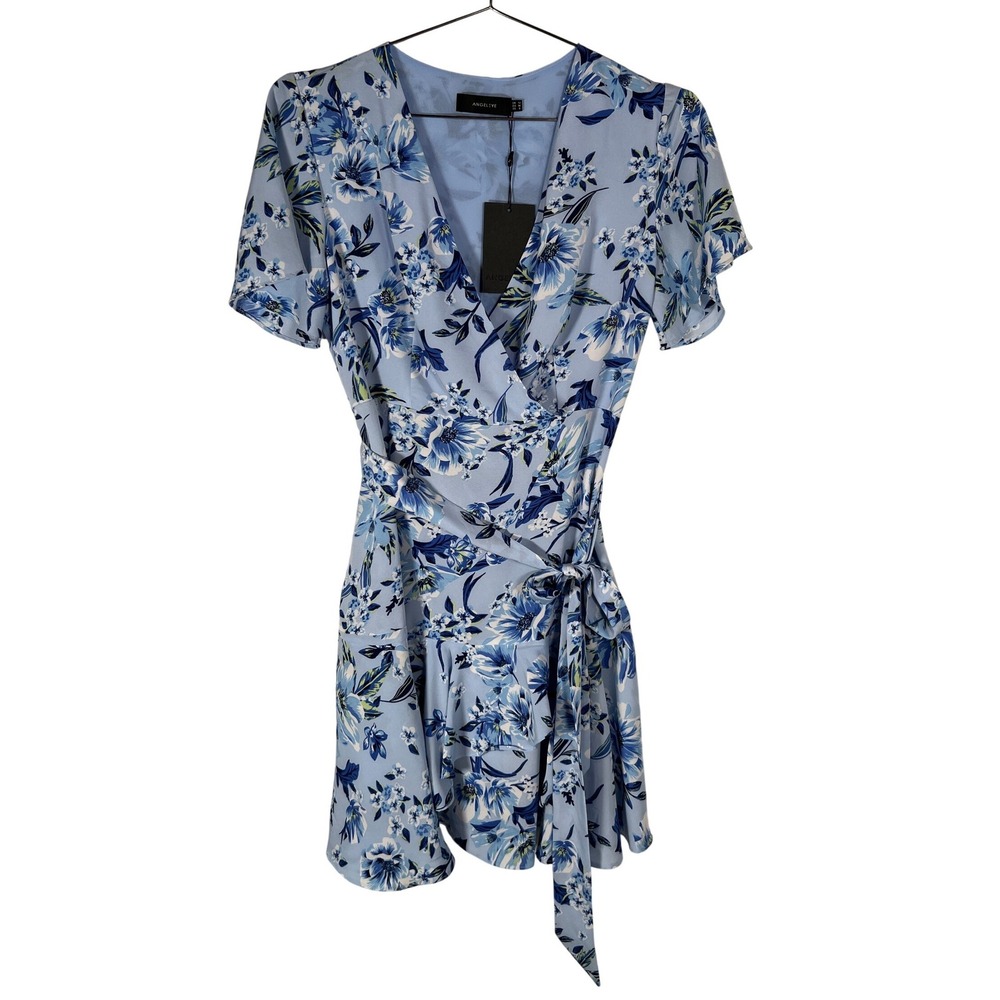 Angeleye Blue Floral Wrap Mini Dress Short Sleeve Garden Party Girlhood Size 8